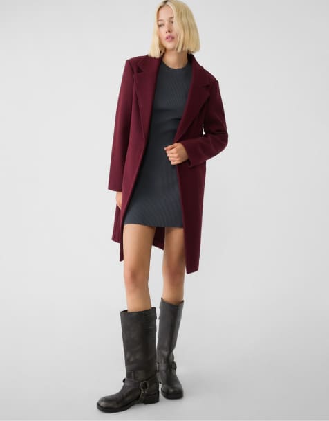 Stradivarius Soft-touch button-up midi coat in burgundy - view 1