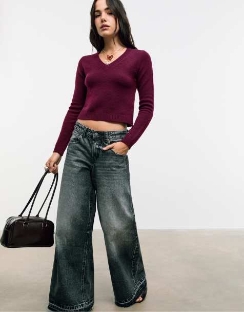 Stradivarius Soft-touch cropped knit sweater in aubergine - view 1