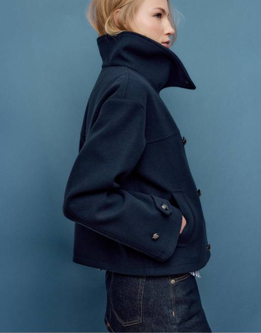 Stradivarius Soft-touch crossover high neck jacket in navy blue, 2 of 4