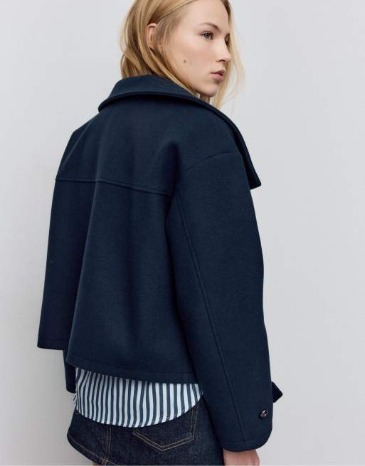 Stradivarius Soft-touch crossover high neck jacket in navy blue, 3 of 4