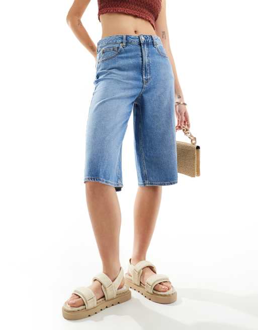 Stradivarius soft touch denim jorts in medium blue
