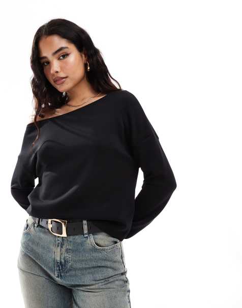 Stradivarius soft touch exposed shoulder sweatshirt in black - view 1