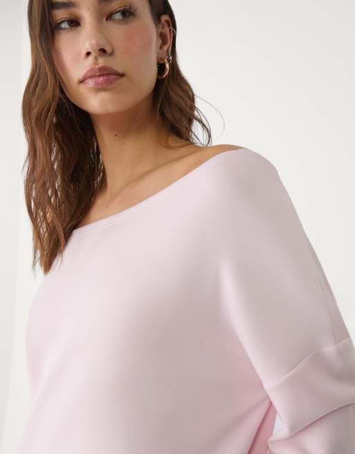 Stradivarius soft touch exposed shoulder sweatshirt in pastel pink, 3 of 4