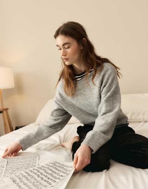 Stradivarius Soft-touch knit boat neck sweater in grey melange