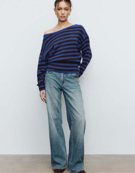 Stradivarius Soft-touch knit boat neck sweater in navy blue