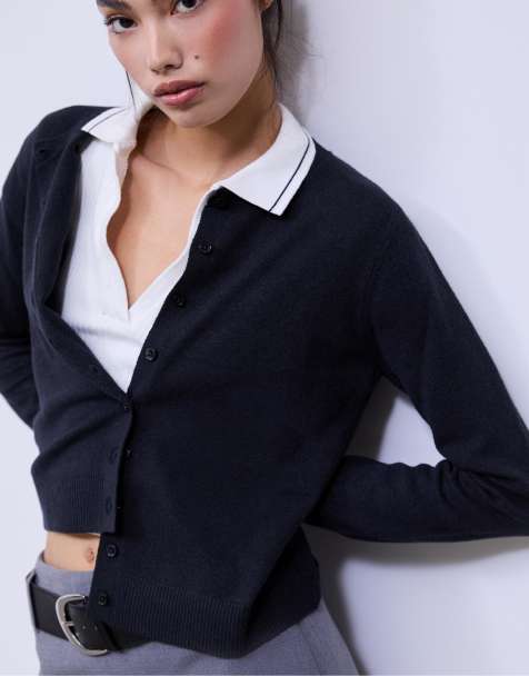 Stradivarius Soft-touch knit cardigan with buttons in navy blue - view 1
