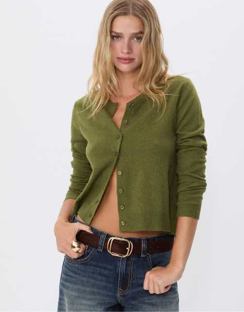 Stradivarius Soft-touch knit cardigan with buttons in olive green