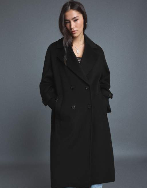 Stradivarius Soft-touch long oversize coat in black, 2 of 7