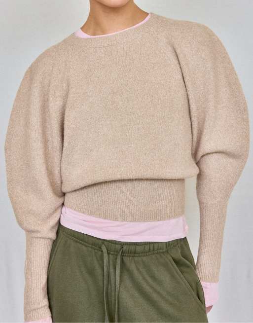 Stradivarius Soft-touch puff sleeve knit sweater in beige, 5 of 7