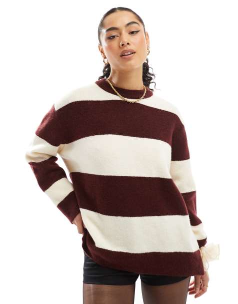 Stradivarius soft touch round neck jumper in burgundy stripe - view 1