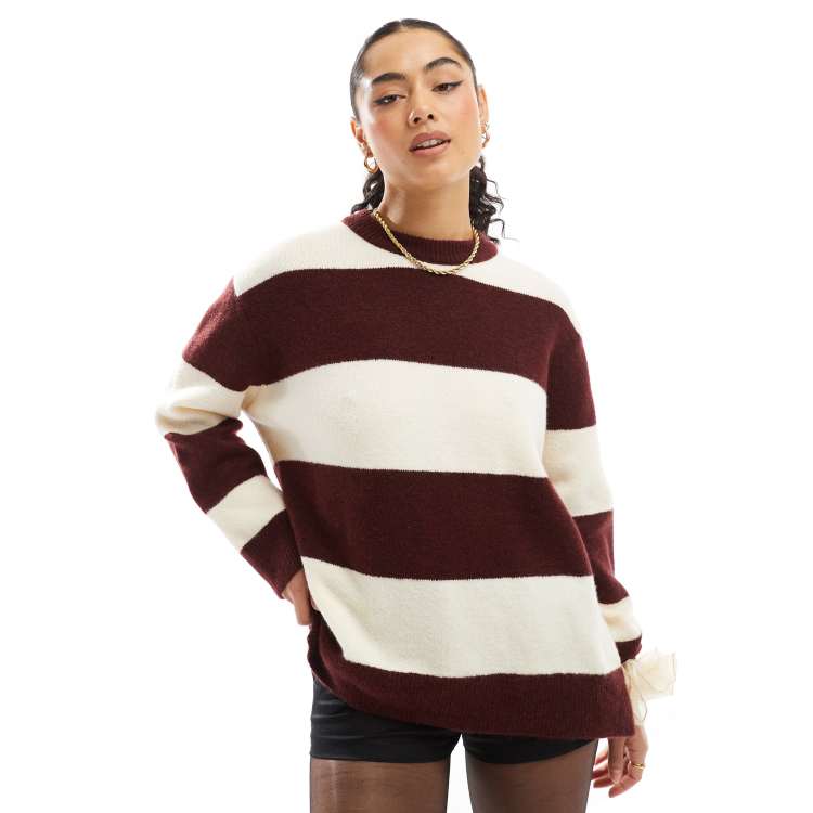 Stradivarius soft touch round neck jumper in burgundy stripe