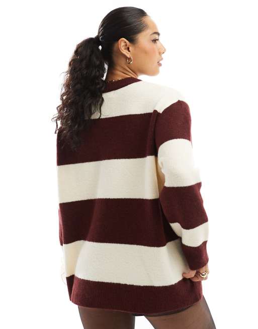 Stradivarius soft touch round neck jumper in burgundy stripe, 2 of 4