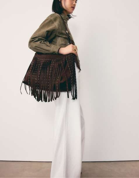 Stradivarius Soft touch shoulder bag with fringe detail in brown - view 1