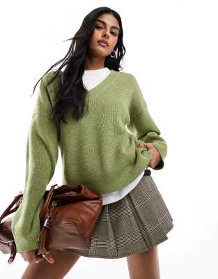 soft touch v neck knit sweater in green-Brown