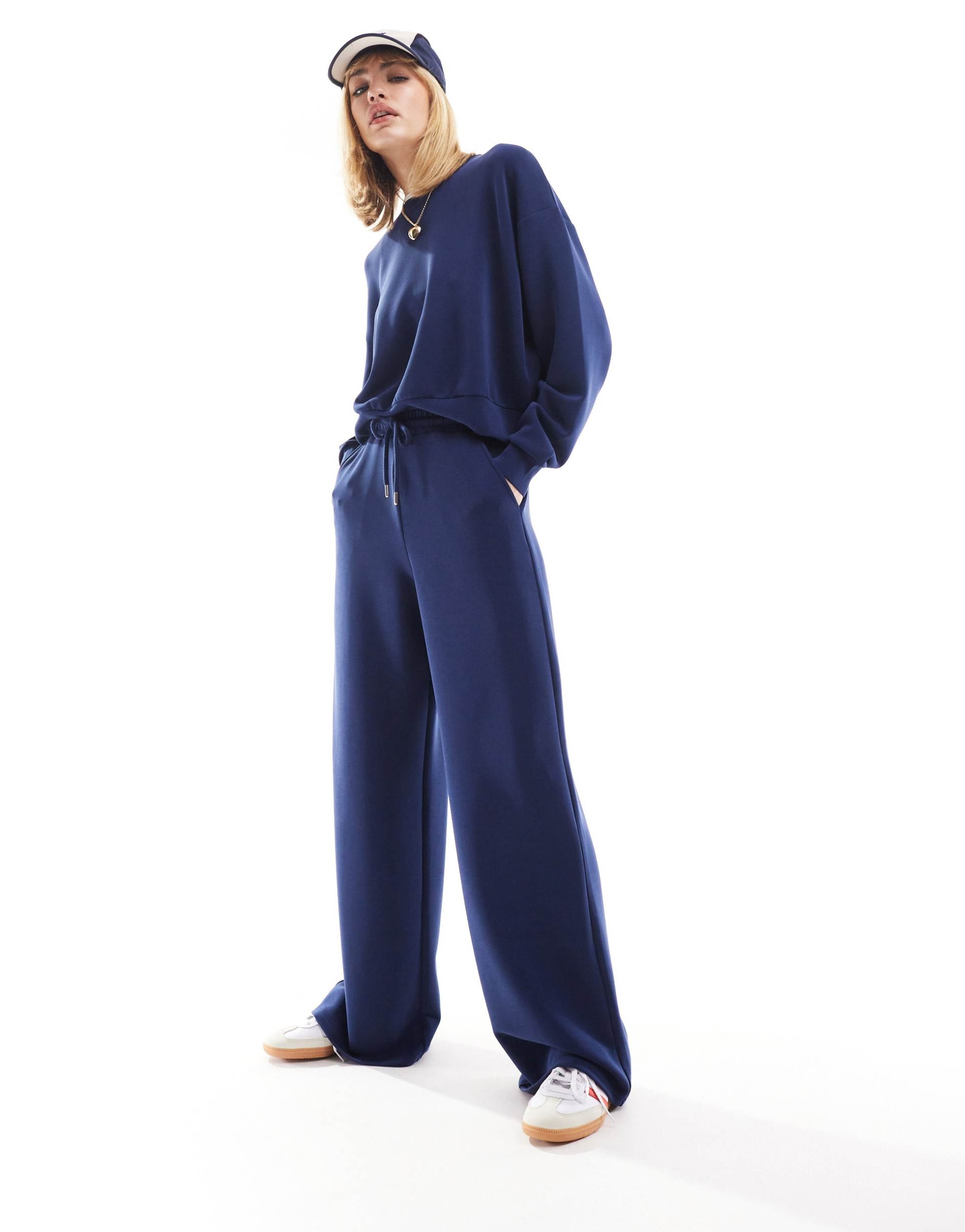 stradivarius soft touch wide leg sweatpants in navy - part of a set