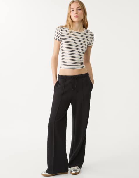 Stradivarius soft touch wide leg trousers with seam detail in black