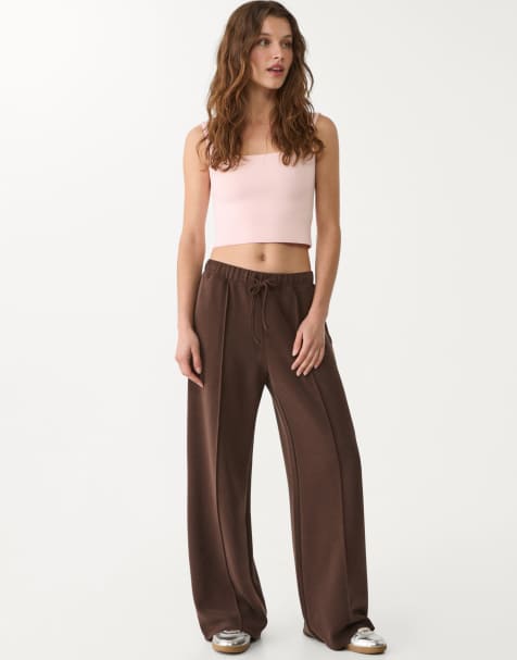 Stradivarius soft touch wide leg trousers with seam detail in brown