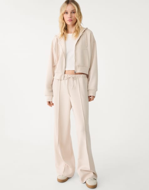 Stradivarius soft touch wide leg trousers with seam detail in stone - view 1