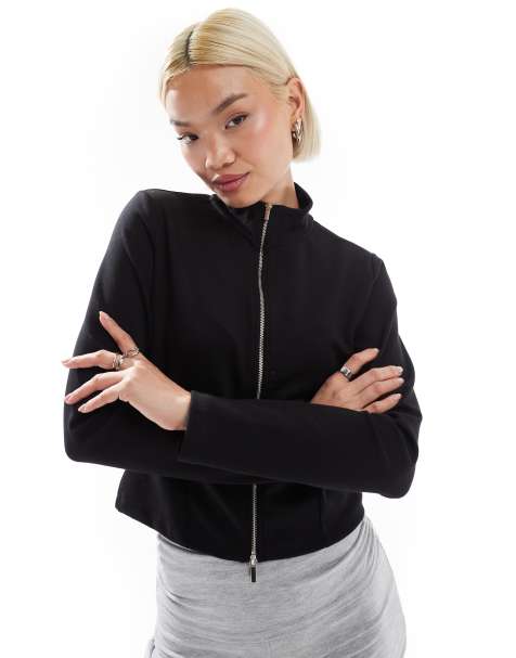 Stradivarius soft touch zip through track jacket in black - view 1