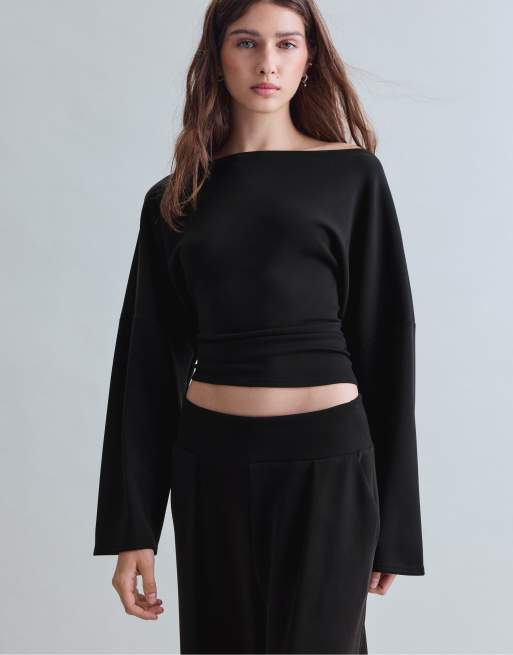 Stradivarius - Sort asymmetrisk cropped sweatshirt, 2 af 7