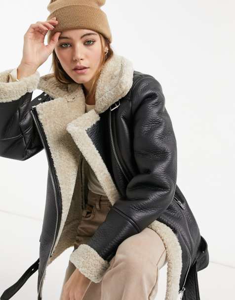 Stradivarius - Sort aviator-jakke med kontrastfor i imiteret lammeskind - view 1