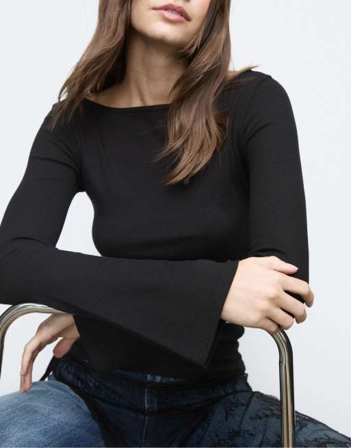 Stradivarius - Sort basis-T-shirt med trompetærmer, 3 af 4