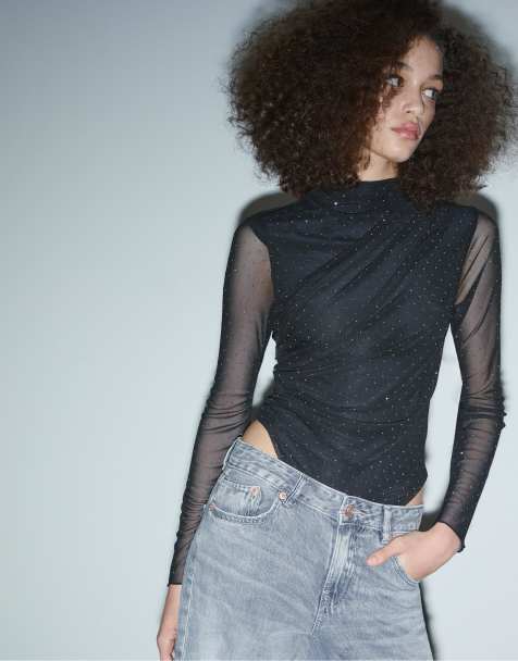 Stradivarius - Sort bodystocking med samlet detalje og rhinsten i tyl - view 1