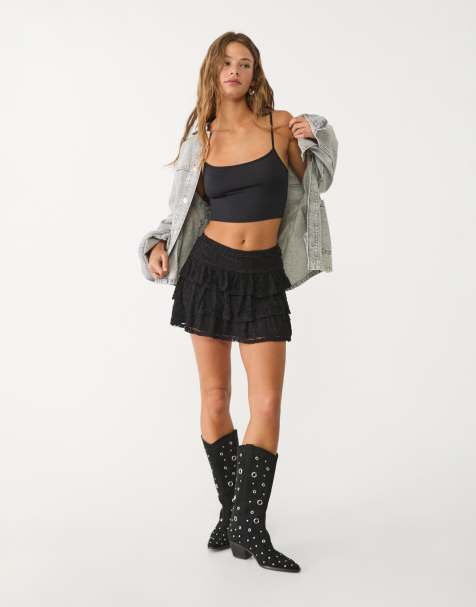 Stradivarius - Sort flagrende skort i blondestof - view 1