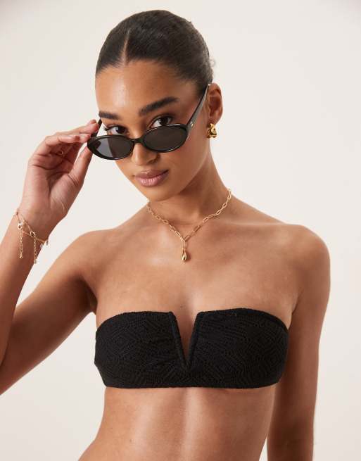 Stradivarius - Sort hæklet bandeau-bikinitop