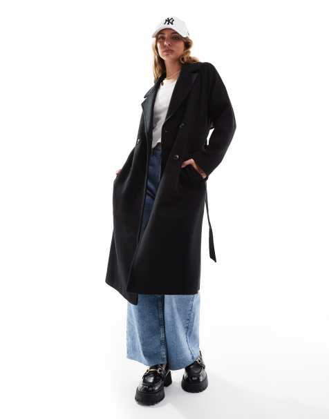 Stradivarius - Sort jakke med bindebånd i taljen i uldlook - view 1