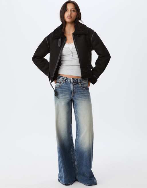 Stradivarius - Sort kort aviator-jakke med for i imiteret lammeskind