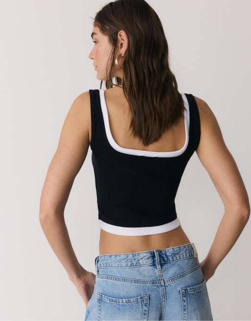 Stradivarius - Sort overdel med lag-på-lag-look og firkantet hals, 2 af 3
