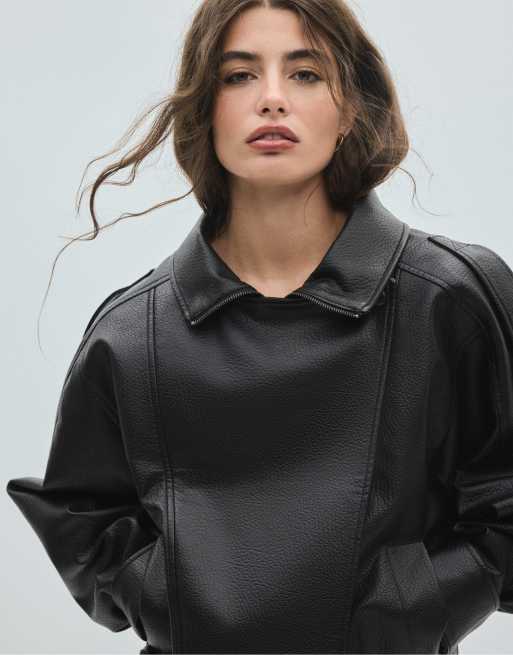 Stradivarius - Sort oversized bikerjakke i imiteret læder, 2 af 7