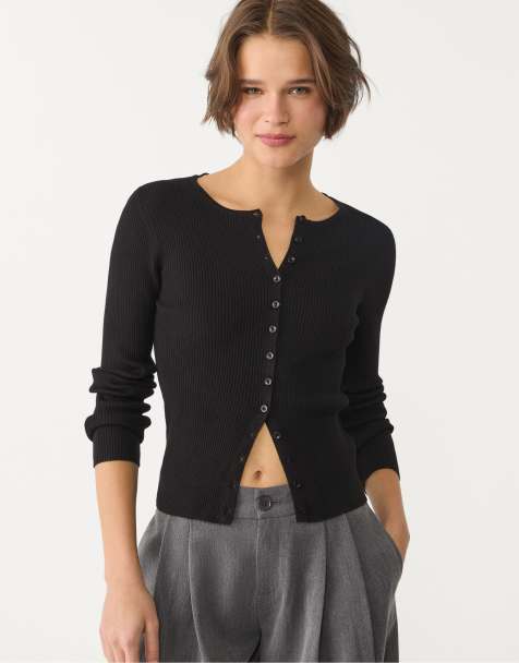 Stradivarius - Sort ribstrikket cardigan med knapper - view 1