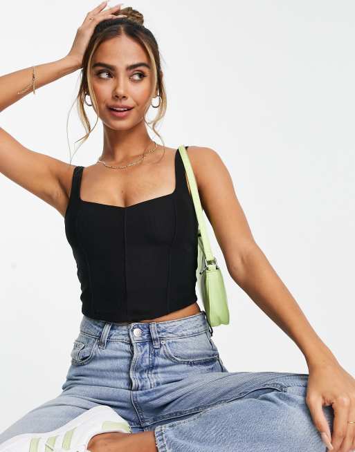 Stradivarius - Sort ribstrikket korsettop med struktur