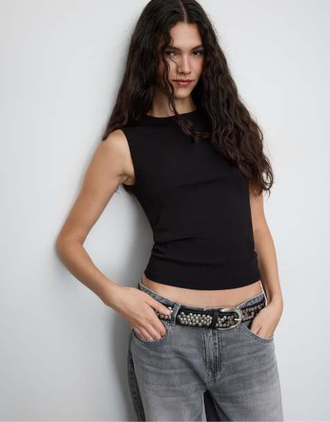 Stradivarius - Sort ærmeløs basis-T-shirt - view 1