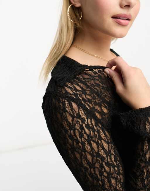 Stradivarius - Sort skjorte med blonder i slim fit, 4 af 4