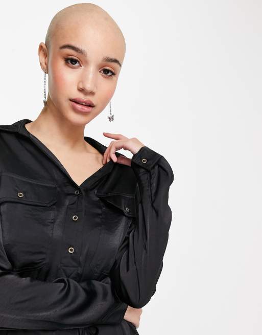 Stradivarius - Sort skjortekjole i satin , 3 af 4