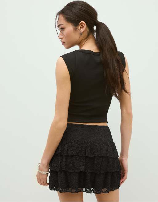 Stradivarius - Sort skort i blondestof, 3 af 7