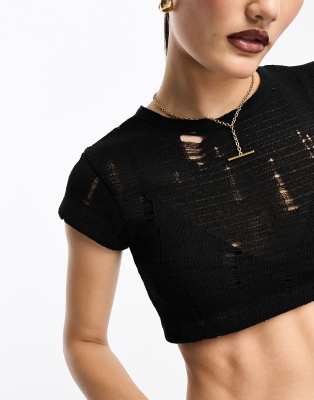 Stradivarius - Sort Slidt Cropped T-Shirt-Black