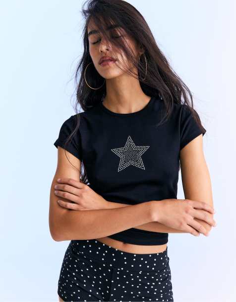 Stradivarius - Sort T-shirt med glimmerdetalje - view 1