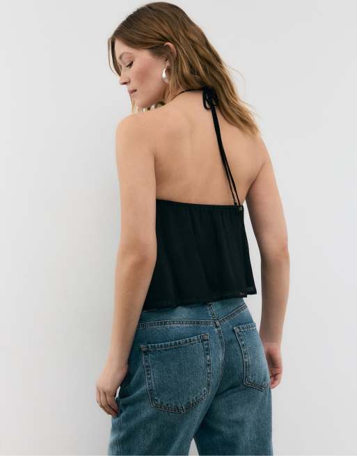 Stradivarius - Sort top med halterneck og broderier, 3 af 4