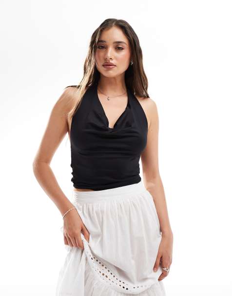 Stradivarius - Sort top med halterneck og vandfaldsudskæring - view 1