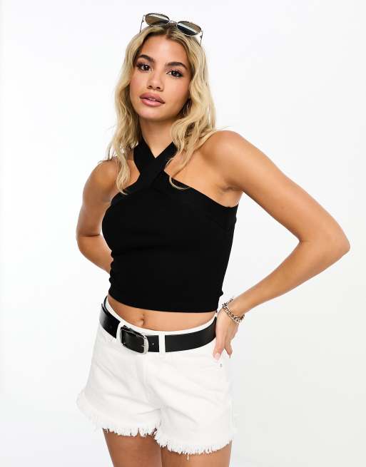 Stradivarius - Sort top med krydset halterneck 