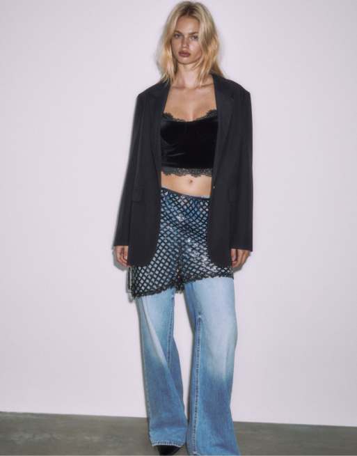 Stradivarius - Sort top med stropper i velour med blondedetaljer, 2 af 4
