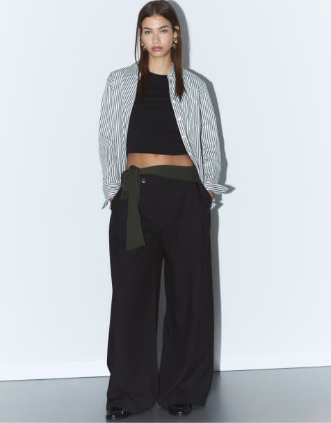 Stradivarius - Sorte elegante casual bukser med krydsende taljebånd og striber - view 1