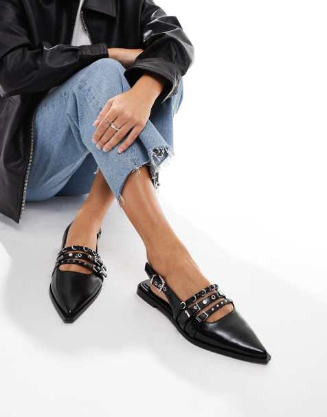 Stradivarius - Sorte og spidse slingbacks med flad sål og spændedetalje - view 1