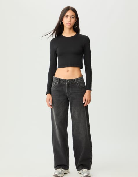 Stradivarius - Sorte posede denimjeans med mellemhøj talje og vasket effekt - view 1