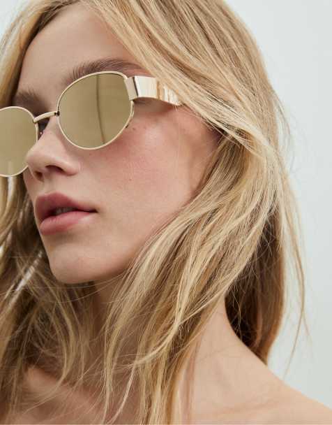 Stradivarius - Spiegelende zonnebril van metaal in goud - view 1