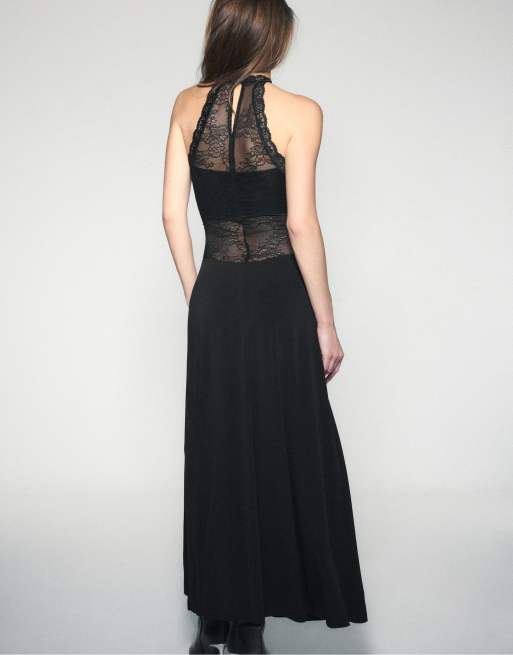 Stradivarius Spitzen-Midikleid mit Neckholder in Schwarz, 3 von 7